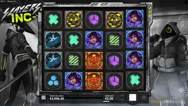 A slot game interface displays a 5x4 grid of symbols including skulls, cubes, and character portraits, framed by two stylized figures in a dark, industrial setting.