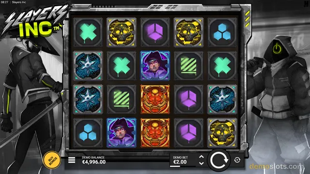 A screenshot of the slot game 'Slayers Inc' showing a 5x4 grid of symbols flanked by two hooded figures in a dark, neon-lit industrial setting.