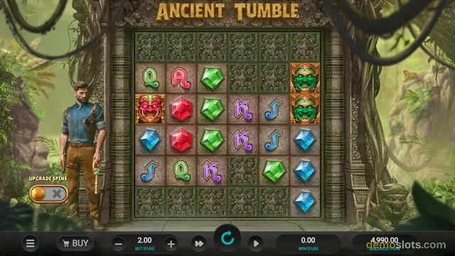 Ancient Tumble displaying fully rendered reels with cascading symbols and gem patterns.