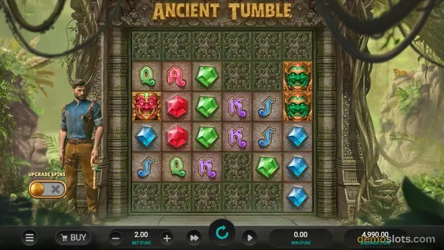 Ancient Tumble showing different cascading configuration with green mask symbols and colored gems.
