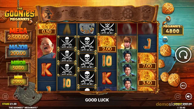 The Goonies Megaways slot game shows a six-column reel grid with pirate-themed symbols including a baby, skull-and-crossbones flags, character portraits, and gold coins.