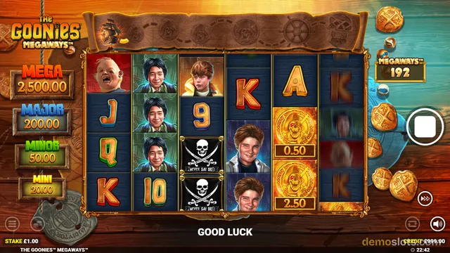 The Goonies Megaways slot game shows a 6-reel grid with characters and symbols, jackpot prizes on the left, and a Megaways counter on the right.