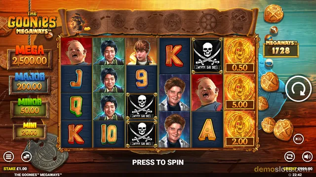 The Goonies Megaways slot game shows a 6-reel grid with character symbols and a pirate theme.
