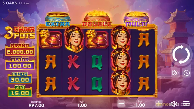 A 5x3 slot game screen for '3 China Pots' displaying a settled grid with Chinese-themed symbols and a win amount of 1.00.