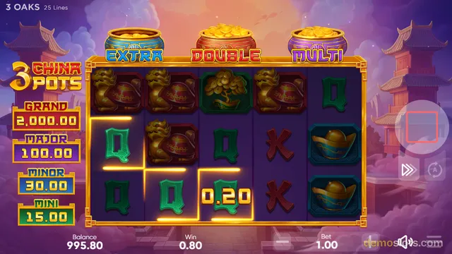 A 5x3 slot grid in a Chinese-themed game shows a win of 0.20 with highlighted Q symbols, flanked by jackpot meters and pot icons.