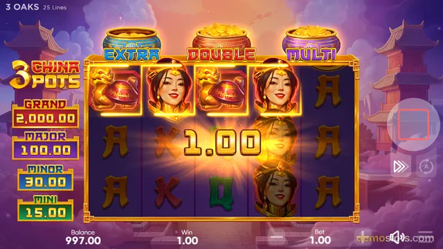 A screenshot of the 3 China Pots slot game showing a 5x3 grid with a win multiplier of x1.00 in the center and a win amount of 1.00 displayed at the bottom.