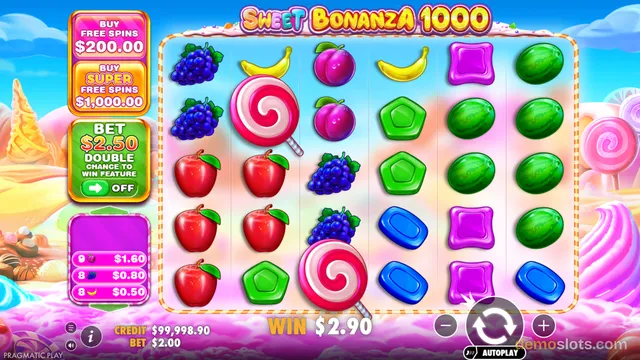 A 6x5 slot grid titled Sweet Bonanza 1000 displays fruit and candy symbols, with a win of $2.90 shown at the bottom and a credit balance of $99,998.90.