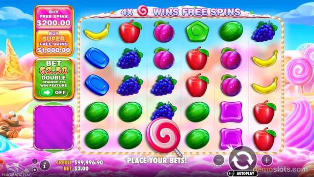 A candy-themed slot game grid shows fruit symbols including bananas, apples, grapes, plums, and watermelons, with a large pink and white lollipop symbol in the center.