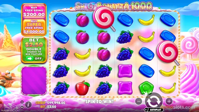A 6-reel, 5-row candy-themed slot game titled Sweet Bonanza 1000 shows a settled grid of fruit and candy symbols.