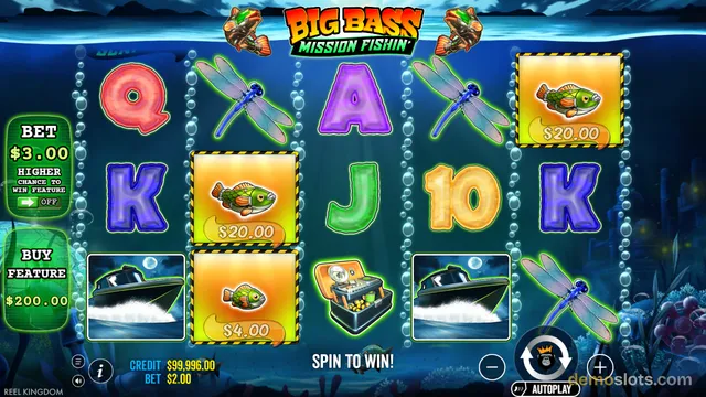 A 5x3 slot game grid titled Big Bass Mission Fishin shows fish symbols with cash values, dragonflies, a boat, a tackle box, and letter symbols, with a SPIN TO WIN! prompt and a round spin button.
