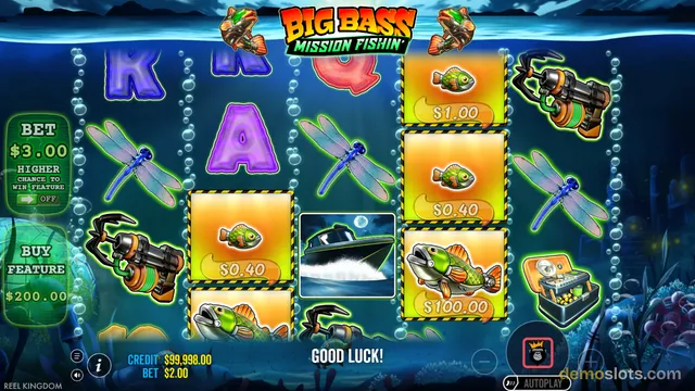 A slot game titled Big Bass Mission Fishin shows a 5x3 grid of symbols including fish, dragonflies, and fishing equipment, with several highlighted winning symbols showing cash values.