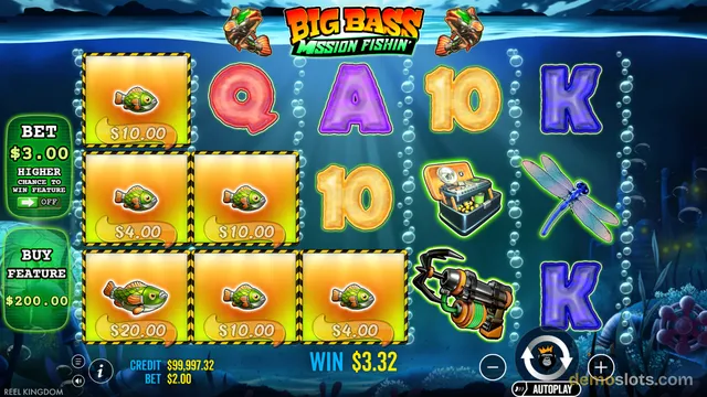 Base game of Big Bass Mission Fishin slot with a 5x3 grid, showing several fish symbols and card suits, plus a win of $3.32.