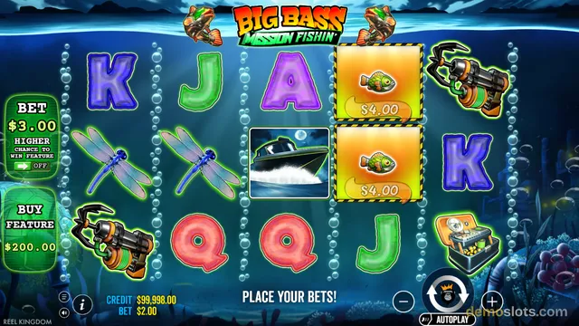 A slot game titled Big Bass Mission Fishin shows a 5x3 grid of symbols including letters, a boat, fish, and fishing equipment, with a BET of $3.00 and a BUY FEATURE option of $200.00.