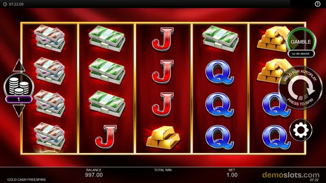 A slot game grid showing stacks of cash, gold bars, and red and blue letter symbols on a red background.