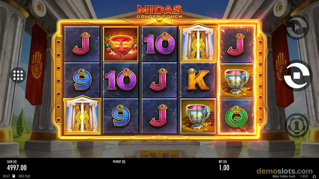A 5x3 slot game grid displaying a settled combination with a win highlighted on the rightmost column, set against a Greek temple background.