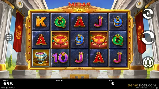 A fully rendered 5x3 slot grid for 'Midas Golden Touch' is displayed with various symbols on the reels against a Greek temple background.