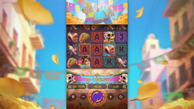 A mobile view of a colorful slot game showing a 5x3 grid of Day of the Dead themed symbols with a total win of 180.00 displayed below the reels.