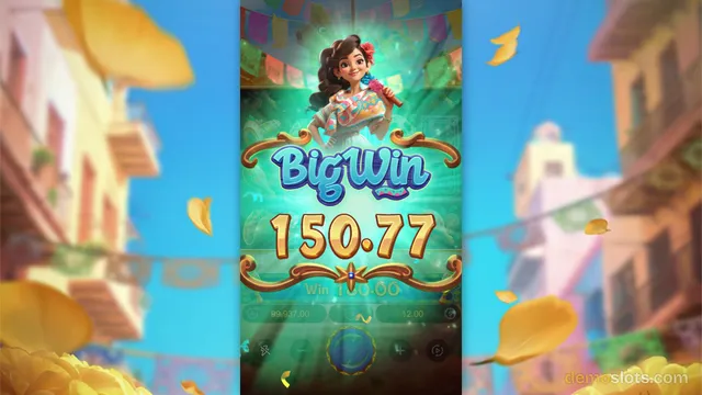 A mobile slot game screen displays a large 'Big Win' graphic with the value 150.77 over a background featuring a woman in traditional dress.