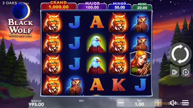 A fully rendered slot game screen showing a 5x4 grid of symbols including orange cats, owls, eagles, and playing card letters against a night forest background.