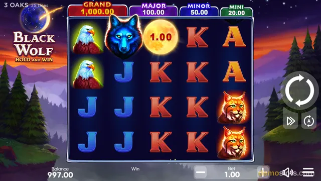 A screenshot of the 'Black Wolf Hold and Win' slot game by 3 Oaks, showing a 5x4 grid of symbols including wolves, eagles, and high card letters against a twilight forest background.