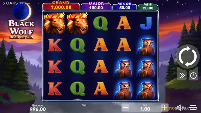 A slot machine screen for 'Black Wolf Hold and Win' by 3 Oaks showing a 5x4 grid of symbols including moose, owls, and playing card letters against a sunset forest background.