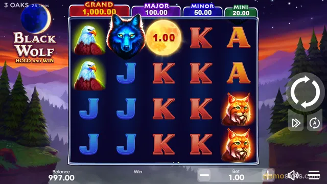 A screenshot of a 5x4 slot machine game titled Black Wolf Hold and Win featuring animal symbols against a moonlit forest background.