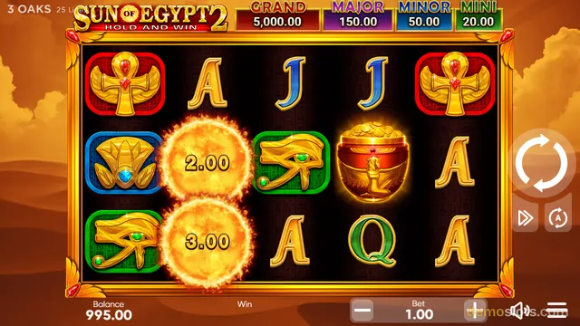 A slot game interface for 'Sun of Egypt 2' displays a 3x5 grid of symbols including hieroglyphs, letters, and fiery multiplier orbs, with a win amount of 995.00 shown at the bottom.