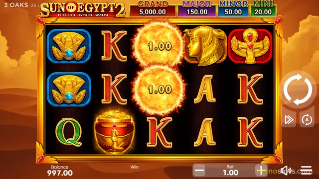 A 5x3 slot grid for Sun of Egypt 2 displays a mix of playing card symbols, a blue scarab, a gold pharaoh head, a red ankh, and a pot of gold, with two glowing '1.00' coins in the center column and a bet of 1.00 at the bottom.