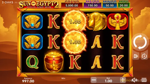 A screenshot of the Sun of Egypt 2 slot game showing a 5x3 grid with various symbols and a fiery sun in the center.