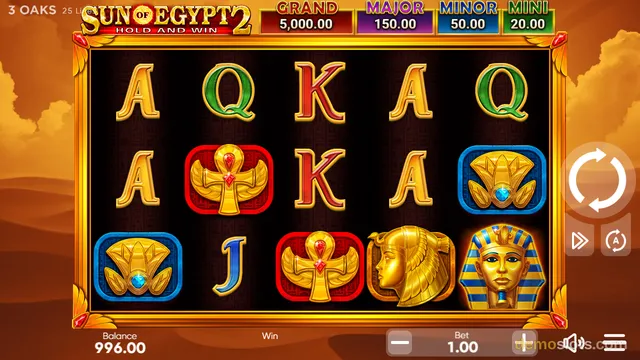 A 5x3 slot grid displaying Egyptian-themed symbols including pharaohs, scarabs, and playing card letters on a dark background with a desert landscape behind the frame.