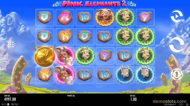 A fully rendered slot game grid displays a 6 by 4 layout of symbols against a blue sky background.