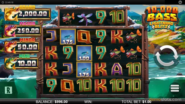 A slot game titled 10,000 Bass Lightning Blitz shows a 5x4 reel grid with fishing-themed symbols, jackpot values on the left, and a balance of $996.00.