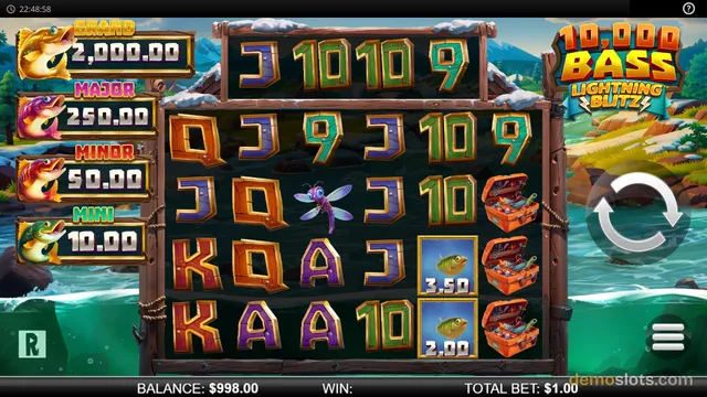 A settled 5x5 slot grid showing fishing-themed symbols, with jackpot values listed on the left and game title on the right.