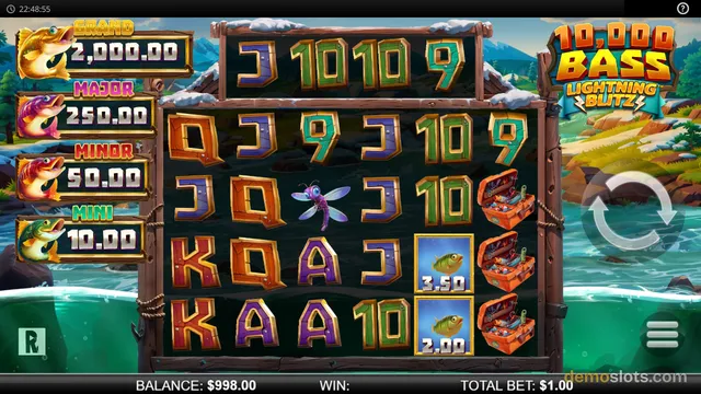 A fully rendered slot game grid showing the title 10,000 BASS LIGHTNING BUZZ, with a 5x5 reel area displaying symbols and a jackpot ladder on the left.
