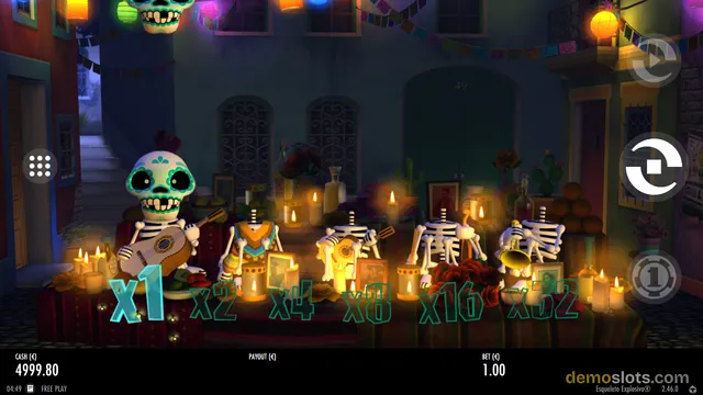 A slot game interface displaying a Day of the Dead themed band of skeletons on stage with multiplier options x1 through x32.