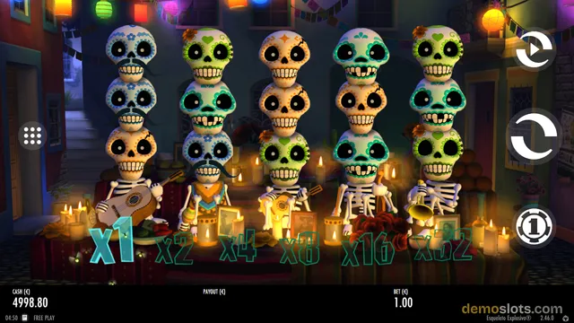 A fully rendered 5x3 video slot screen featuring stacked Day of the Dead sugar skull characters playing instruments on a candle-lit stage, with a grid of multiplier values from x1 to x32 displayed at the bottom of the reels.