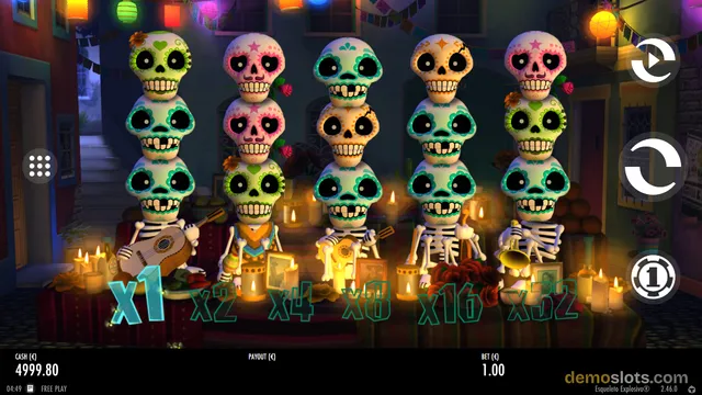A slot machine screen displaying a 5x3 grid of colorful sugar skull symbols set against a dark, candle-lit street background.