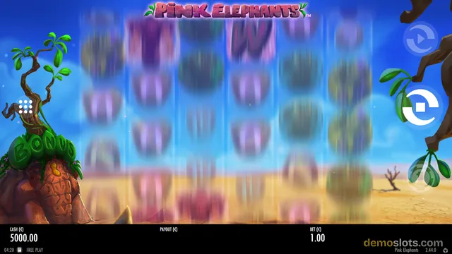 A slot game titled Pink Elephants is shown with a 5x5 grid of symbols that are currently blurred and in motion.
