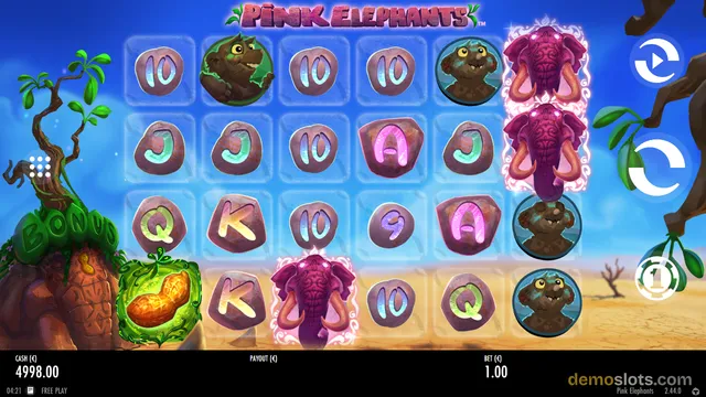 A 5x4 slot grid from Pink Elephants displays a mix of playing card symbols, elephant icons, and a peanut bonus symbol against a desert background.