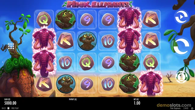 A screenshot of the Pink Elephants slot game showing a 6x4 grid of symbols including pink elephants, frogs, and card letters against a blue sky background.