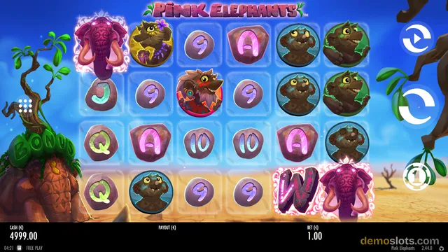 A brightly rendered grid of slot symbols featuring pink elephants and cartoon animals on a desert background.