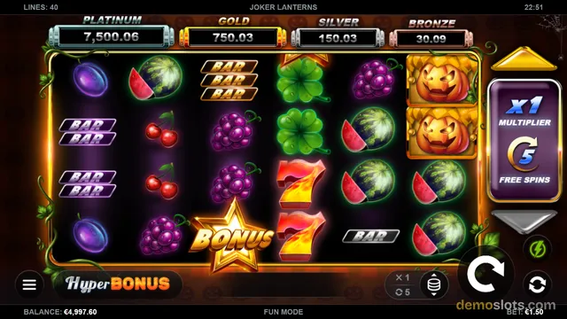 A Halloween-themed 5x4 video slot grid is fully rendered, showing a recent win with a stack of glowing jack-o'-lanterns on the rightmost reel and a 'BONUS' star symbol on the bottom row.
