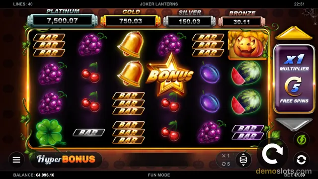 A screenshot of a Halloween-themed slot game titled 'Joker Lanterns' showing a 5-reel grid with a bonus star symbol in the center and a 'Hyper Bonus' button at the bottom.