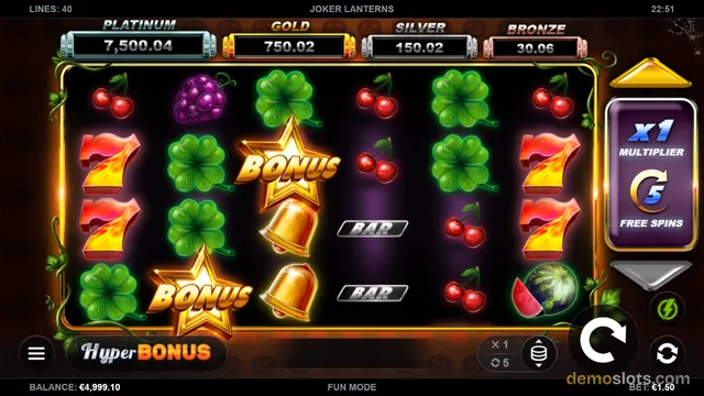 A fully rendered 5-reel slot game screen titled Joker Lanterns showing a settled grid with cherries, grapes, four-leaf clovers, seven symbols, and bonus bells.