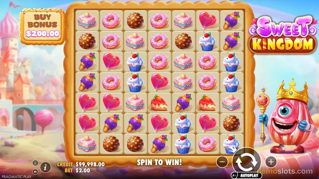 A screenshot of the Sweet Kingdom slot game showing a 7x7 grid of candy symbols, a buy bonus button, and a mascot character on the right.