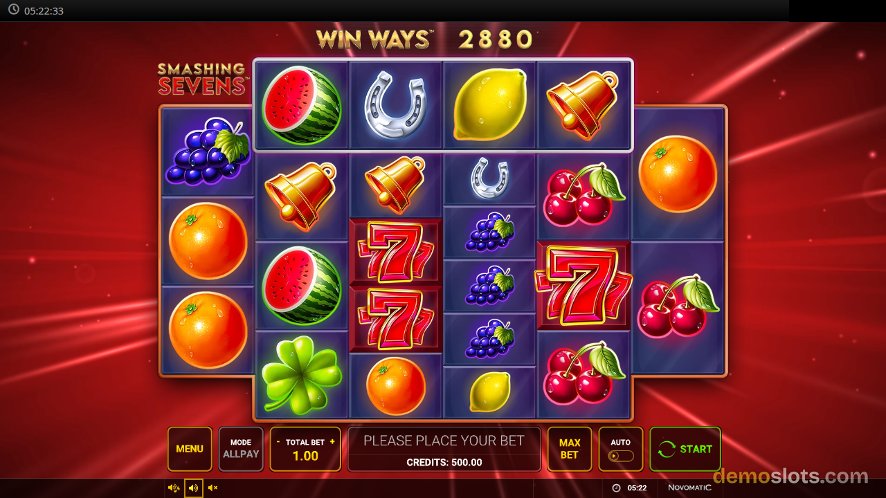A slot game titled Smashing Sevens displays a grid of fruit symbols with a win ways indicator showing 2880.
