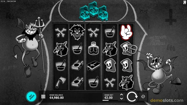 A slot game screen featuring a 5x4 grid of symbols with a gothic, black-and-white cartoon style, flanked by two devil-like characters.
