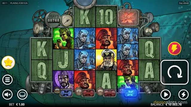 A screenshot of the 'Das xBoot' slot game showing a 5x3 grid of reels with military-themed symbols, a bet of €1.00, and a balance of €10,003.76.