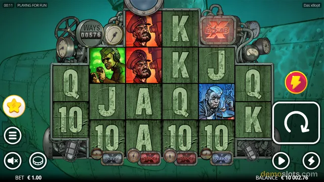 A fully rendered slot game screen displays a 5x4 grid of symbols including military figures and playing card letters on a green metallic background.