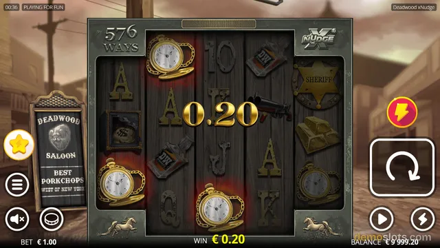 A screenshot of a Wild West themed slot machine showing a 5x3 grid of symbols with a win message of 0.20 in the center.